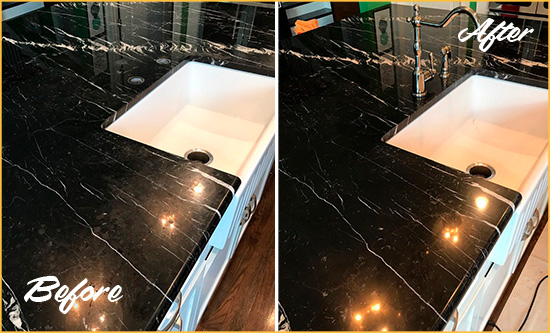 Before and After Picture of a Inwood Marble Kitchen Countertop Stone Sealed to Avoid Water Damage