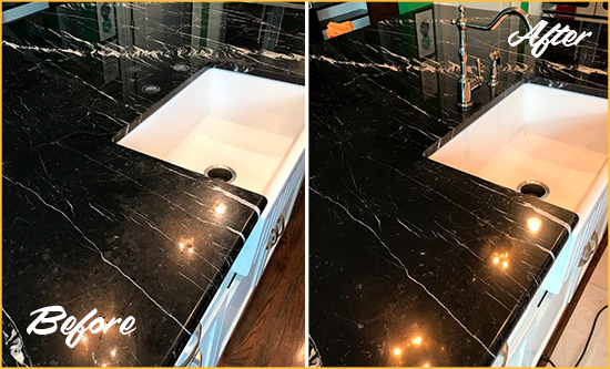 Before and After Picture of a Tenderloin Marble Kitchen Countertop Stone Sealed to Avoid Water Damage