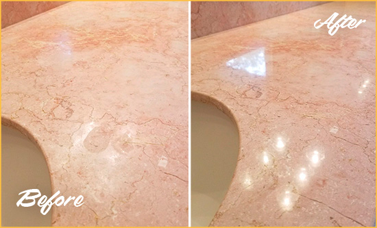 Before and After Picture of a Hell's Kitchen Marble Stone Vanity Top Sealed to Avoid Water Marks