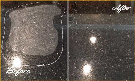 Before and After Picture of a Soho Granite Kitchen Countertop Honed to Eliminate Scratch