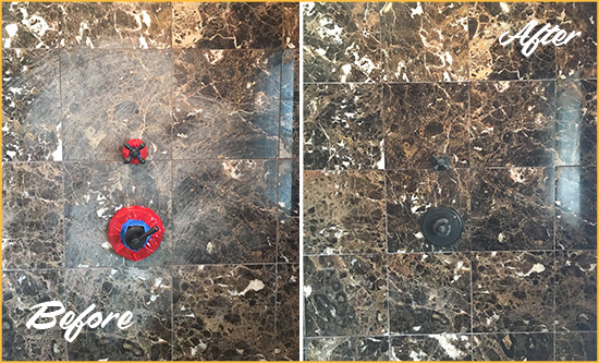 Before and After Picture of a Flower District Marble Shower Honed to Remove Scratches