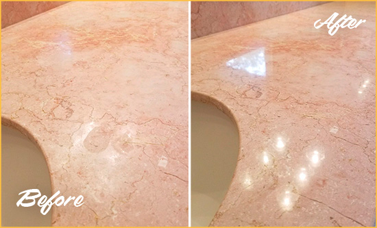 Before and After Picture of a Soho Marble Vanity Top Honed to Eliminate Water Spots