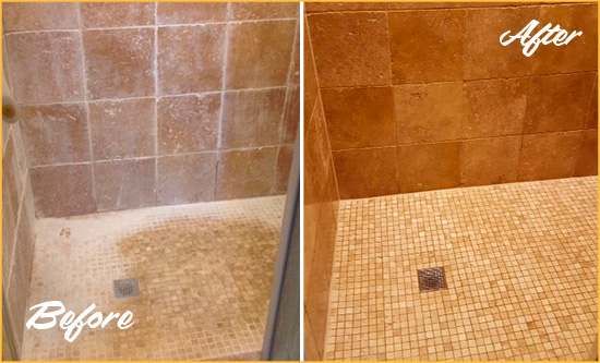 Before and After Picture of a Lincoln Square Travertine Shower Honed to Remove Mineral Deposits