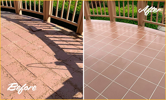 Before and After Picture of a Sutton Place Hard Surface Restoration Service on a Tiled Deck