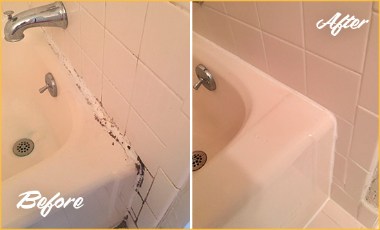 Before and After Picture of a Kips Bay Hard Surface Restoration Service on a Tile Shower to Repair Damaged Caulking