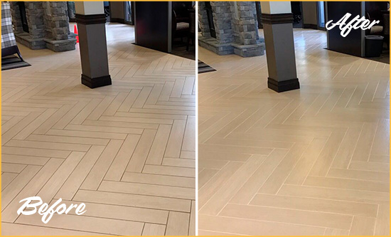 Before and After Picture of a Garment District Hard Surface Restoration Service on an Office Lobby Tile Floor to Remove Embedded Dirt
