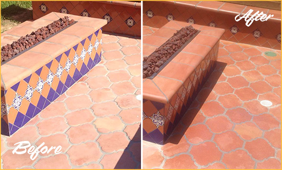 Before and After Picture of a Sutton Place Hard Surface Restoration Service on a Dull Terracotta Patio Floor to Recover Its Color
