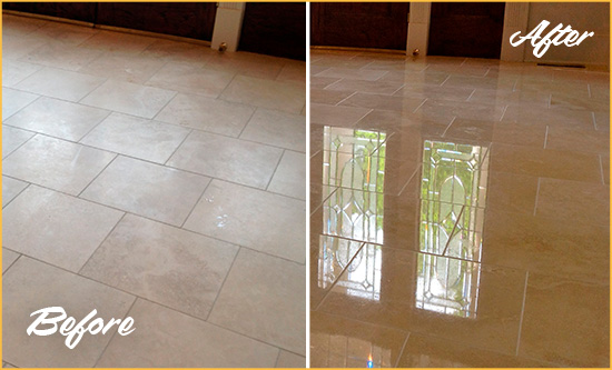 Before and After Picture of a Brookdale Hard Surface Restoration Service on a Dull Travertine Floor Polished to Recover Its Splendor