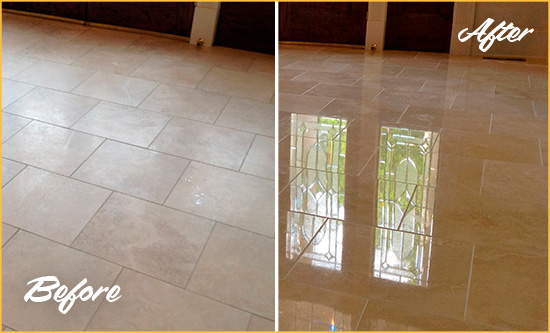 Before and After Picture of a Garment District Hard Surface Restoration Service on a Dull Travertine Floor Polished to Recover Its Splendor