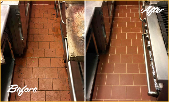 Before and After Picture of a Hudson Heights Hard Surface Restoration Service on a Restaurant Kitchen Floor to Eliminate Soil and Grease Build-Up