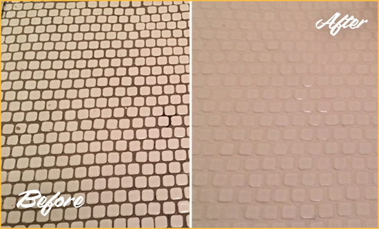 Before and After Picture of a Kips Bay Hard Surface Restoration Service on a Bathroom Tile Floor Recolored to Fix Grout Color