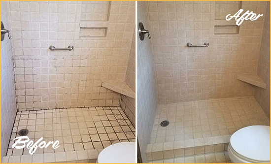 Before and After Picture of a Fort George Shower Grout Cleaned to Remove Mold