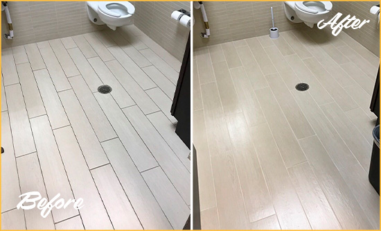 Before and After Picture of a Rockefeller Center Office Restroom's Grout Cleaned to Remove Dirt