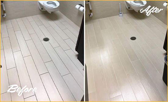 Before and After Picture of a Diamond District Office Restroom's Grout Cleaned to Remove Dirt