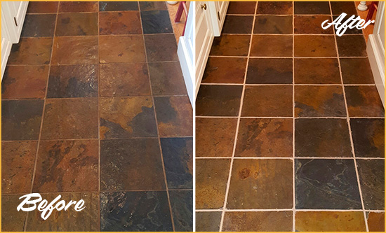 Before and After Picture of Marble Hill Slate Floor Grout Cleaned to Remove Dirt