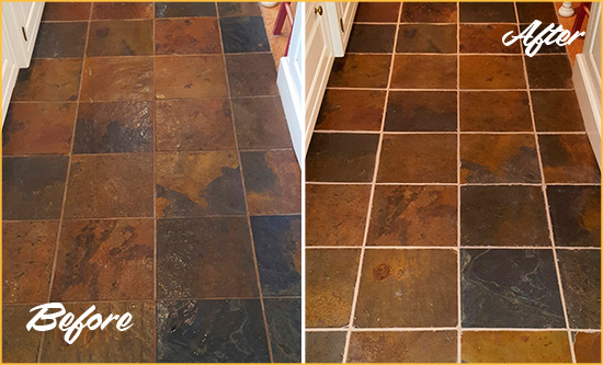 Before and After Picture of Strivers' Row Slate Floor Grout Cleaned to Remove Dirt