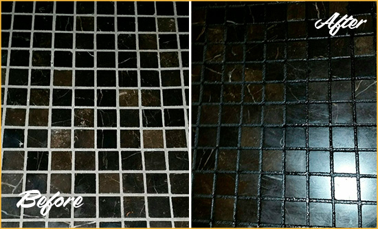 Before and After Picture of a Manhattanville Black Floor with Recolored Grout