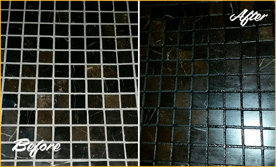 Before and After Picture of a Turtle Bay Black Floor with Recolored Grout