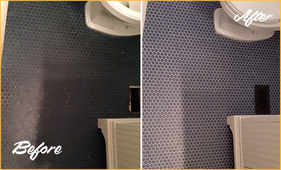 Before and After Picture of a Greenwich Village Blue Tile Floor Recolored Grout