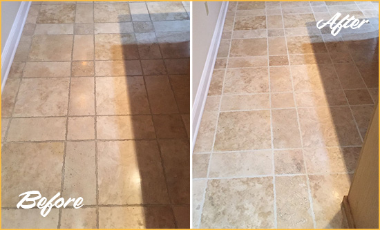 Before and After Picture of a Columbus Circle Travertine Kitchen Floor Recolored Grout