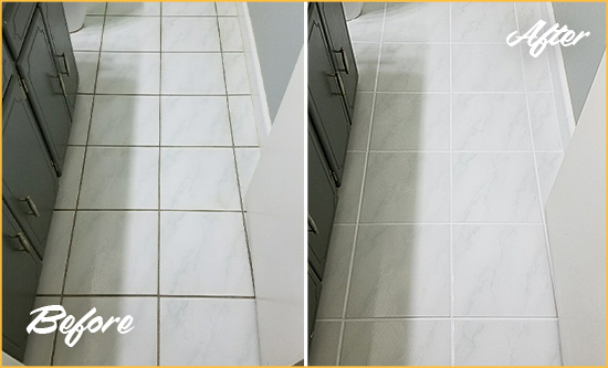 Before and After Picture of a Gramercy White Ceramic Tile with Recolored Grout