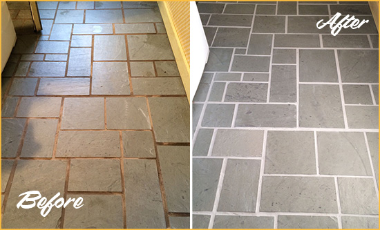 Before and After Picture of Damaged Rockefeller Center Slate Floor with Sealed Grout