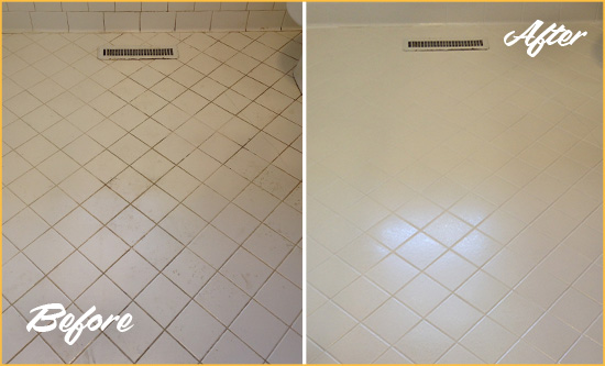Before and After Picture of a Rockefeller Center White Bathroom Floor Grout Sealed for Extra Protection