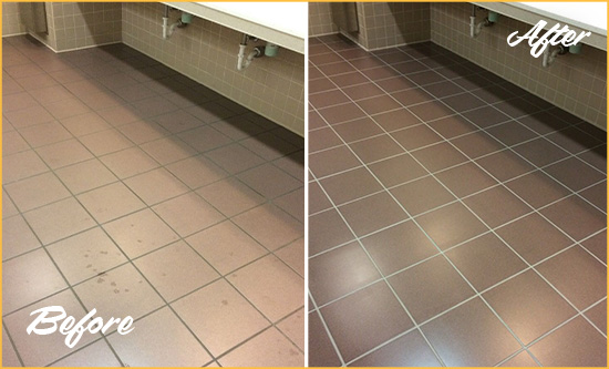 Before and After Picture of Dirty Rockefeller Center Office Restroom with Sealed Grout
