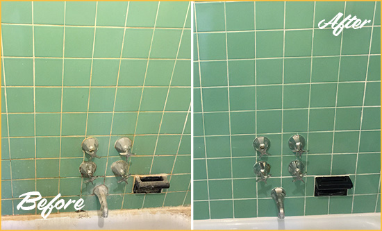 Before and After Picture of a Rockefeller Center Bath Tub Grout Sealed to Avoid Water Damage