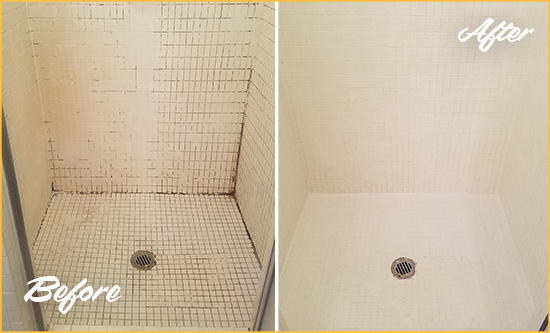 Before and After Picture of a Rose Hill Bathroom Grout Sealed to Remove Mold