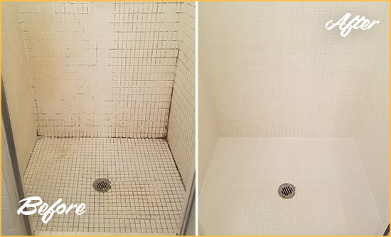 Before and After Picture of a Garment District Bathroom Grout Sealed to Remove Mold