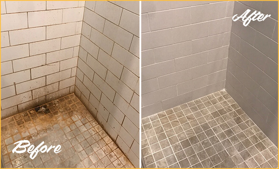 Before and After Picture of a Columbus Circle Shower Grout Sealed to Eliminate Mold