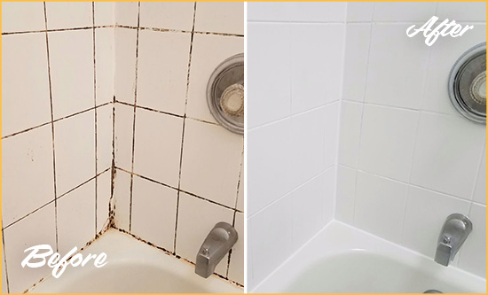 Before and After Picture of a Rockefeller Center Tub with Sealed Grout to Eliminate Mold