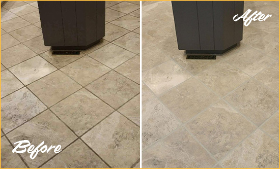 Before and After Picture of a Rockefeller Center Kitchen Floor Grout Sealed to Remove Stains