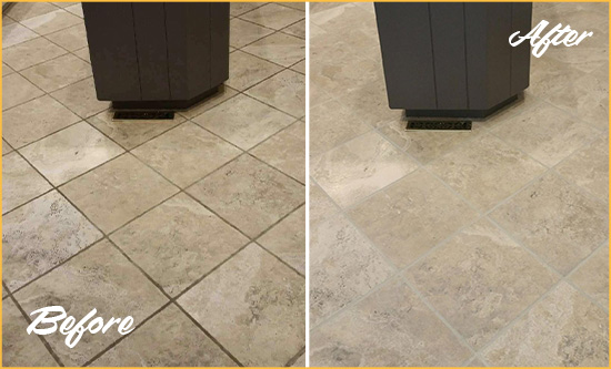 Before and After Picture of a Hell's Kitchen Kitchen Floor Grout Sealed to Remove Stains