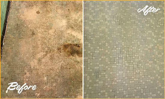Before and After Picture of a Kips Bay Mosaic Shower Cleaned to Eliminate Embedded Dirt