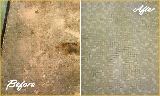Before and After Picture of a Soho Mosaic Shower Cleaned to Eliminate Embedded Dirt