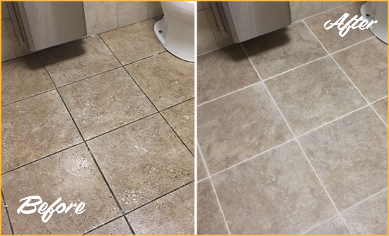 Before and After Picture of a Waterside Plaza Restroom Floor Cleaned to Eliminate Dirt