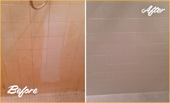 Before and After Picture of a Morningside Heights Porcelaine Shower Cleaned to Remove Soap Scum