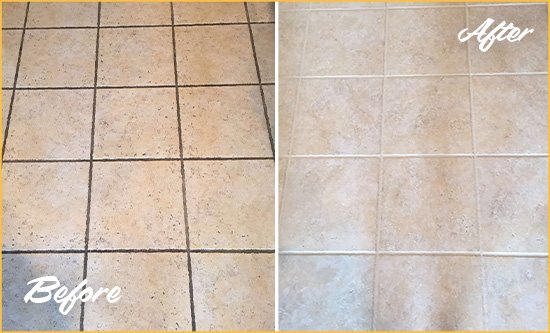 Before and After Picture of a Rockefeller Center Ceramic Floor Cleaned to Remove Soil