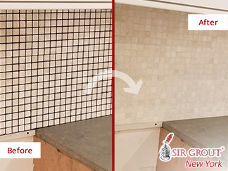 Before and After Picture of a Kitchen Backsplash Grout Recoloring Service in Soho, NY