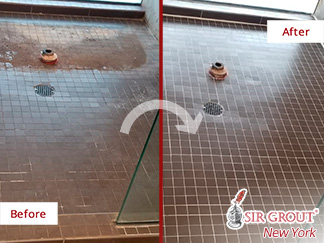 Before and After Picture of a Tile Shower Grout Sealing Service in Manhattan, NY