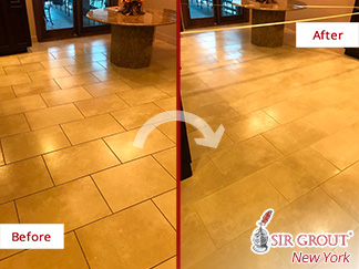 Before and After Picture of a Tile Floor Grout Cleaning Service in Soho, New York
