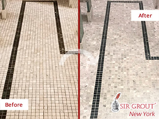 Before and After Picture of a Marble Bathroom Floor Grout Cleaning and Sealing Service in Manhattan