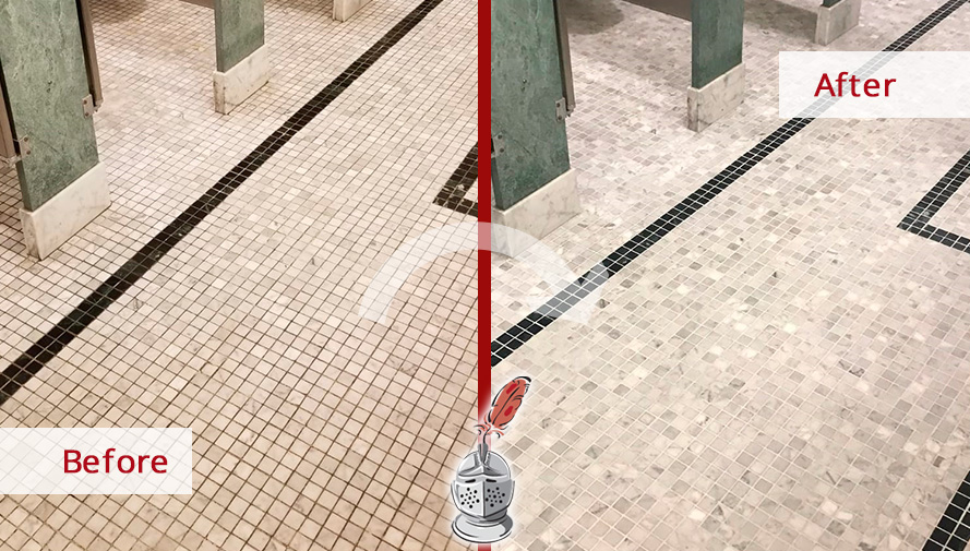 Before and After Picture of a Marble Bathroom Floor Grout Cleaning and Sealing in Manhattan