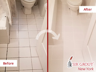 Before and After Picture of a Tile Floor Grout Sealing Service in Manhattan, NY