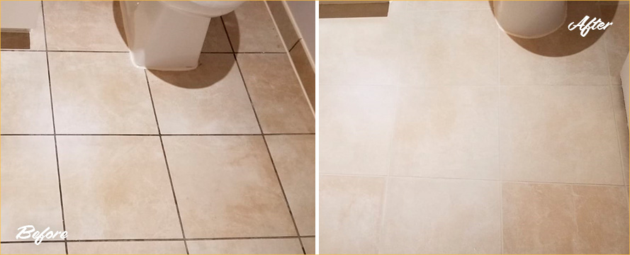 Before and After Picture of a Tile Floor Grout Cleaning in Manhattan, NY