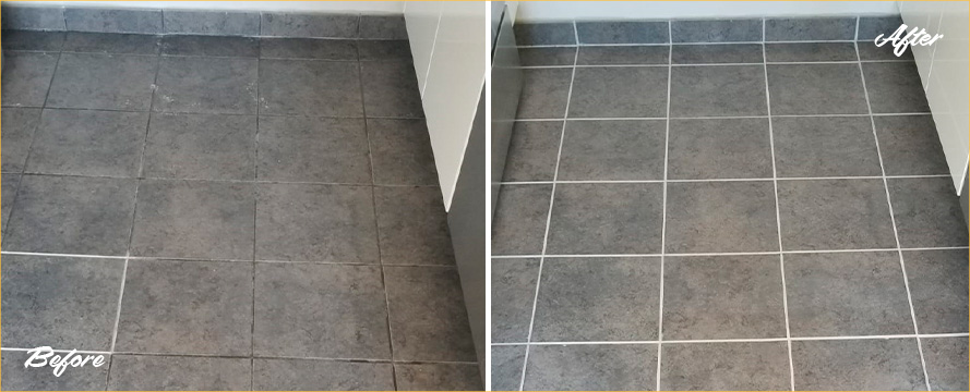 Before and After Picture of a Tile Floor Grout Cleaning Service in Manhattan, NY