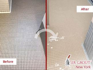 Before and after Picture of a Tile and Grout Cleaning Job in Brooklyn Friends School