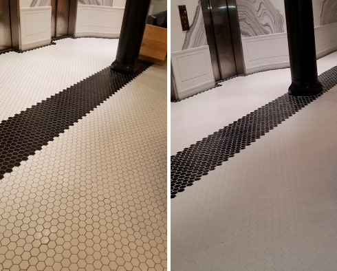 Before and after Picture of a Tile Cleaning Job in Soho
